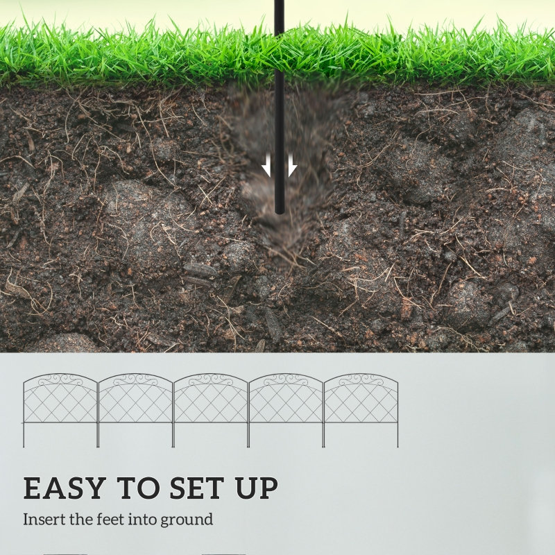 305cm Black Decorative Garden Fence with Circle Top, 80cm High Metal Wire Picket Fence Panels for Lawn Edging, Flower Bed, Stake-In Installation