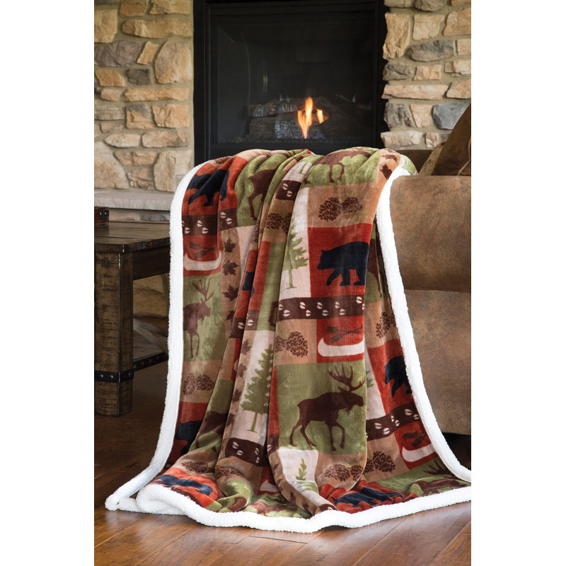 Rustic Patchwork Lodge Reversible Sherpa Fleece Throw Blanket