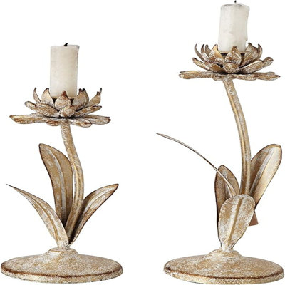 Porte-bougie conique en métal en forme de fleur au fini or vieilli (ensemble de 2 tailles)