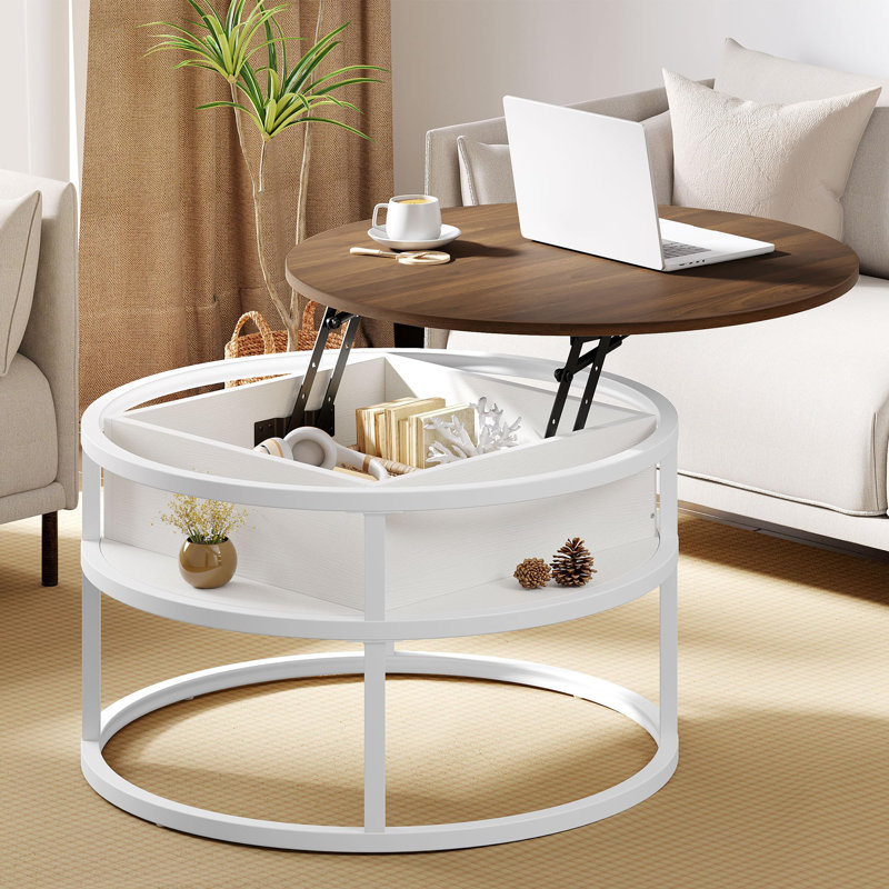 Table basse circulaire avec plateau relevable circulaire et rangement, Brun, Blanc