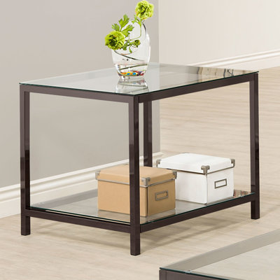 Table de bout élégante à 1 tablette avec plateau en verre, finition nickel noir, hauteur de 23 pouces, convenant à une configuration de salon fonctionnelle et présentoir en métal de 26 po de profondeur