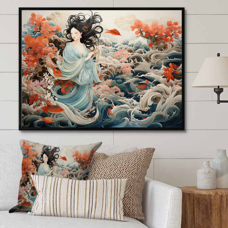«China Art Silk Emb broderie», reproduction d'art sur toile encadrée, 34" H x 44" W, Cadre flottant noir