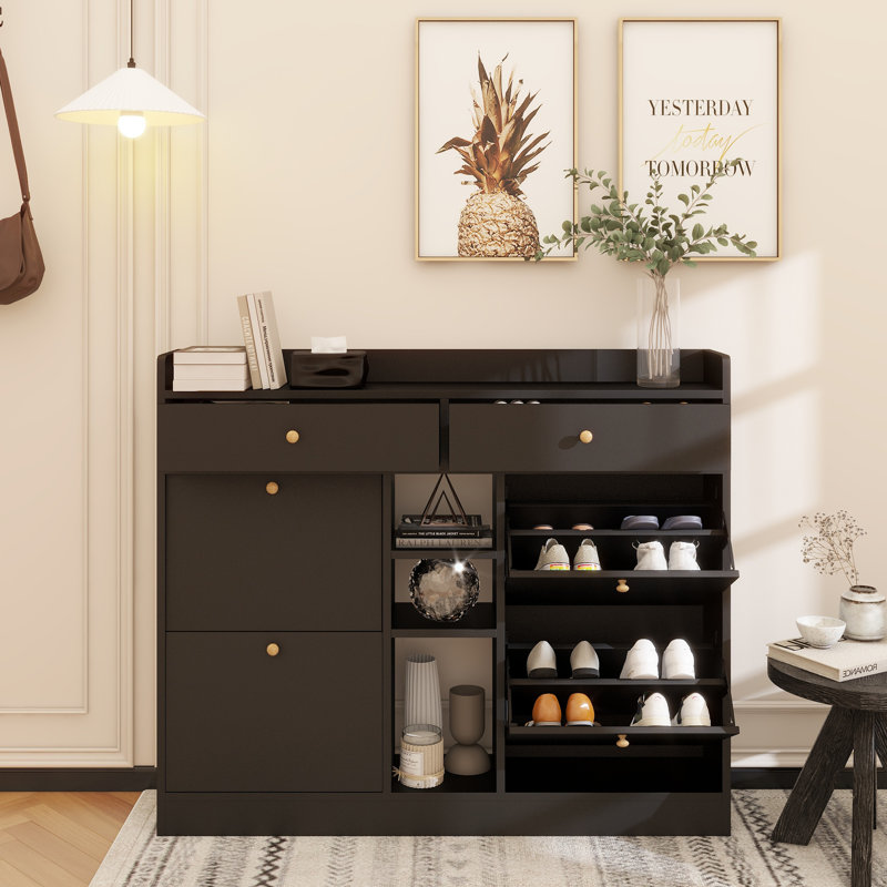 Modern Shoe Cabinet With 4 Flip Drawers, Multifunctional 2-Tier Shoe Storage Organizer With Drawers, Free Standing Shoe Rack For Entrance Hallway