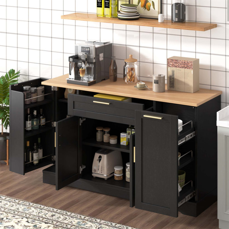 Buffet de rangement multifonctionnel avec table de salle à manger extensible, tablettes réglables et support coulissant à 3 niveaux pour la cuisine, la salle à manger et le salon