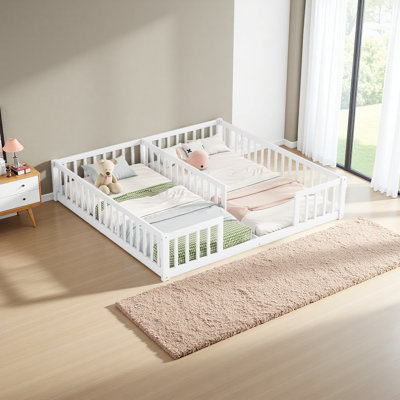 Double Twin Floor Bed With Fence, Guardrails, Without Door