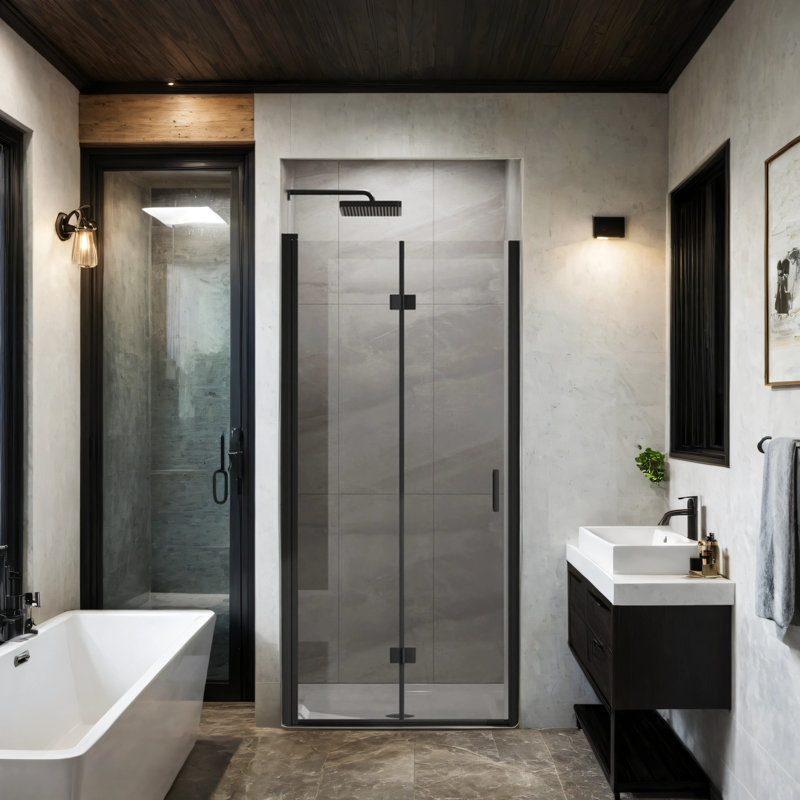 Ensemble de porte de douche en verre sans cadre avec base en acrylique, Noir / blanc