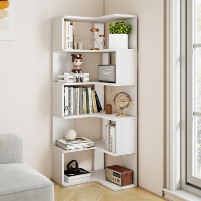 Bibliothèque d'angle à 5 niveaux, bibliothèque en bois de 62,2 po de hauteur avec chicane, grand présentoir moderne pour le salon, rangement pour bureau personnel, blanc