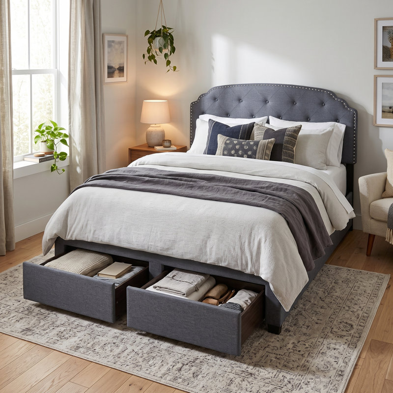 Ayotte Upholstered Standard Bed with Drawers, Queen, Dark Gray