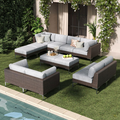  12-piece Wicker Rattan Patio Furniture Set, Deep Seating Outdoor Modular Sectional Sofa Conversation Set With Thick Cushions For Lawn, Garden