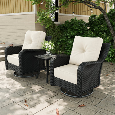 3 Piece Wicker Outdoor Furniture Set With 6-inch Comfy Cushions, High Back Patio Furniture Set With Swivel Rocking Chairs And Side Table