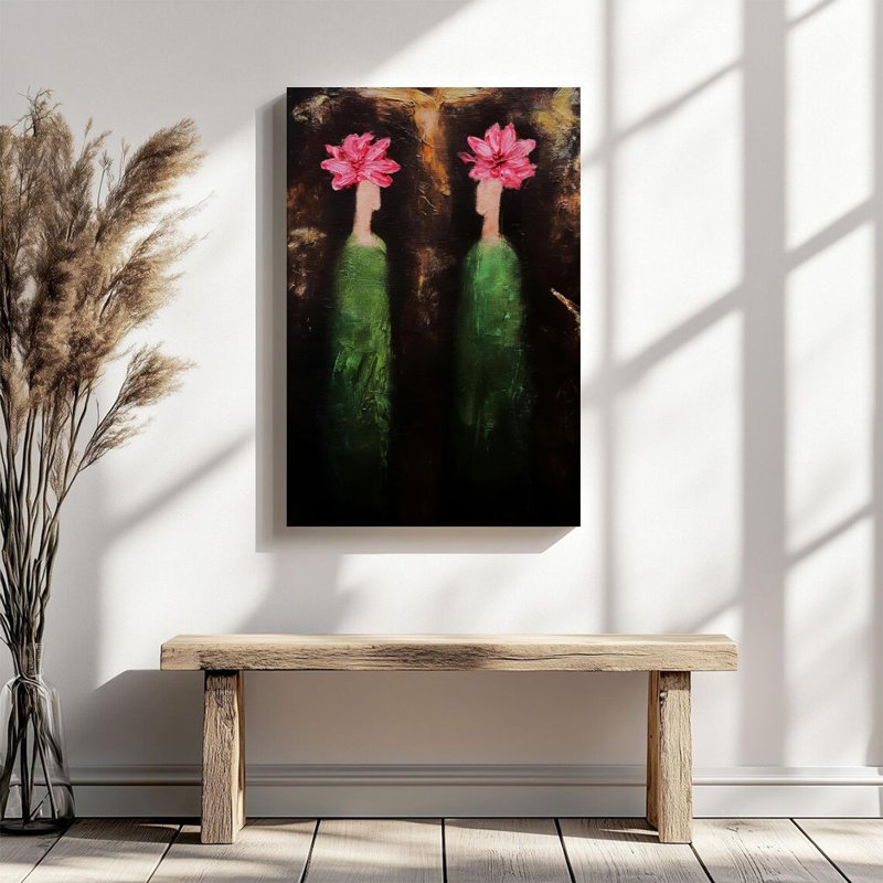 Art mural sur toile encadré en 2 dimensions, couronne florale double, robe longue verte, impression d'art abstrait sur toile, affiche, peinture, décoration murale, cadeau idéal