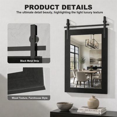Miroir de salle de bain Farmhouse, miroir mural en bois rustique 18 po x 26 po, miroir de coiffeuse rétro noir