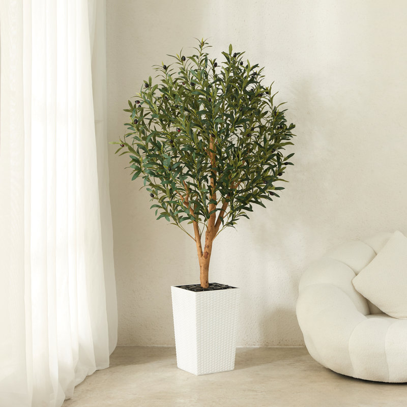 Adcock Artificial Olive Tree with Decorative Pot, UV Resistant Faux Olive Tree with Natural Trunk, White