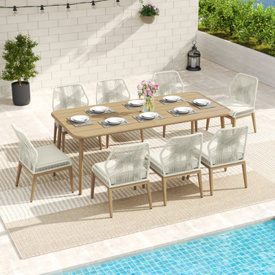 Cadencia 9-Piece Natural Wood Grain Aluminum Patio Dining Set With Rectangular Table And Washable Light Gray Cushions