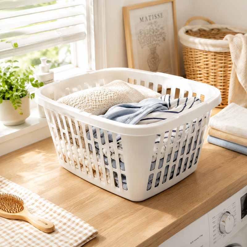 Basic Home Essentials: White Laundry Basket — 1.5-Bushel Rectangular, Lightweight Clothing Organizer