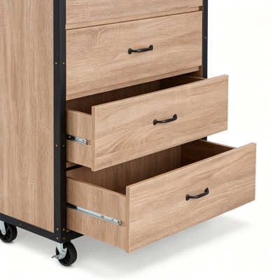 Commode à roulettes 5 tiroirs en bois massif de style industriel de 130 cm