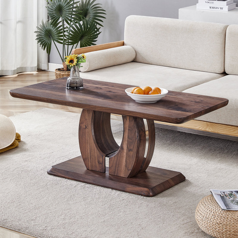 Table basse rectangulaire moderne en bois de noyer foncé à motif d'autocollants moderne et minimaliste, idéale pour une atmosphère de maison calme et confortable