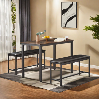 3 Pcs Dining Table Set Dining Room Set With 1 Bar Table And 2 Dining PU Upholstered Benches