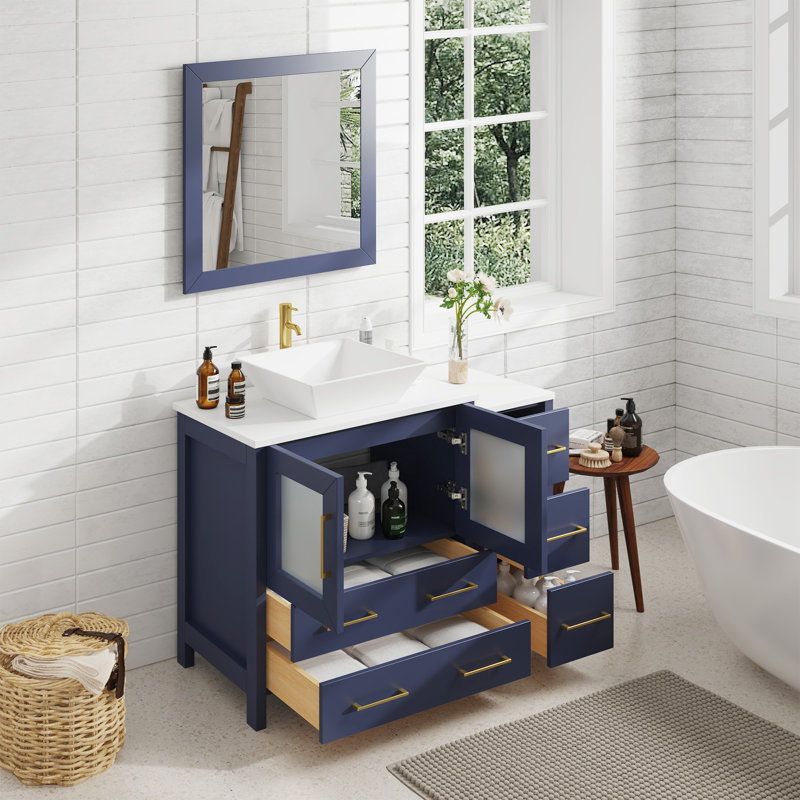  Ensemble de meuble-lavabo autoportant avec cadre en marbre et miroir assorti encadré de 42 po, Bleu