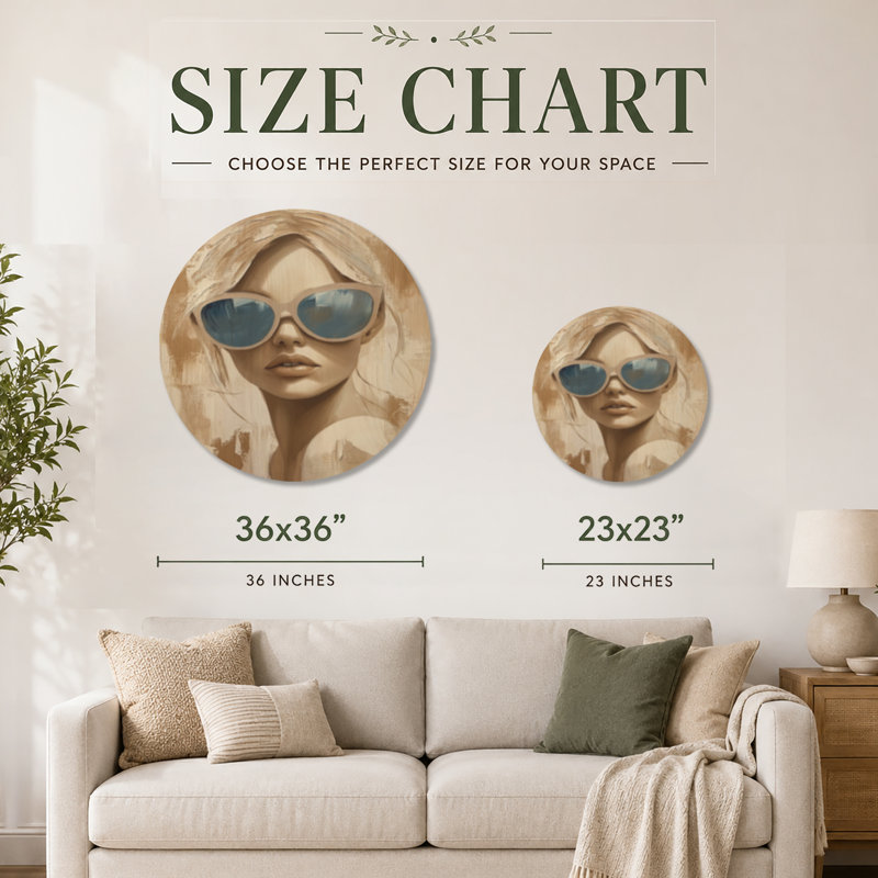 Reflets dans des lunettes de soleil bleues II - Tableau rond pour femme, imprimé sur bois, Rond 23 po, Rond