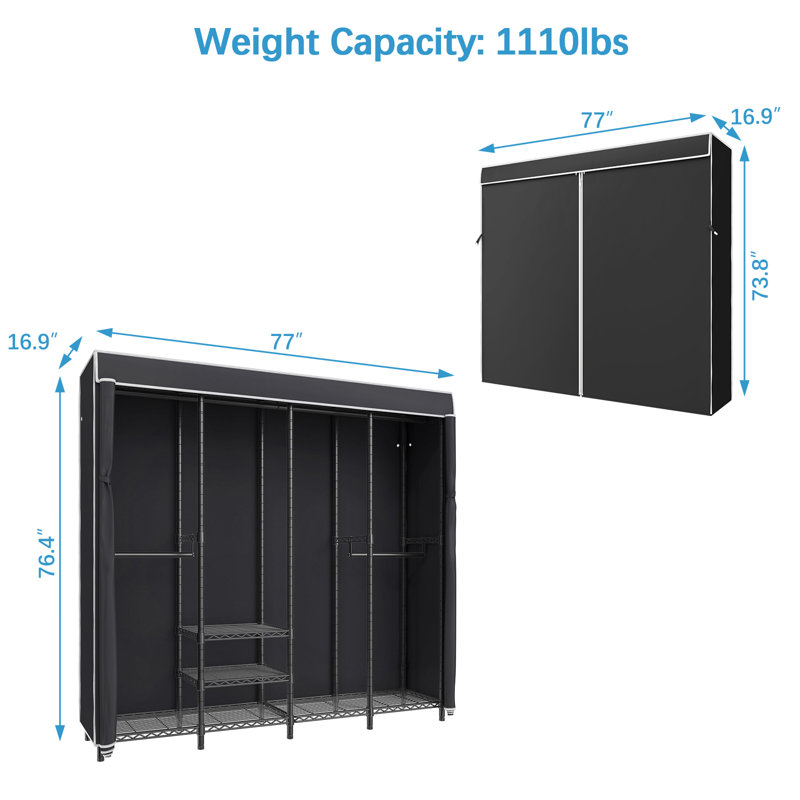 Black Iron Freestanding Closet with Adjustable Shelves and Cover
