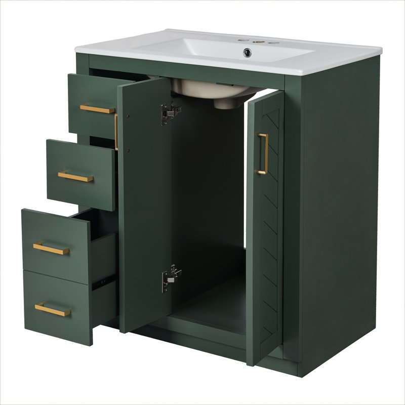 Bathroom Vanity With Ceramic Sink, Wood Frame Bathroom Storage Cabinet With Drawers And Soft Closing Doors, Green