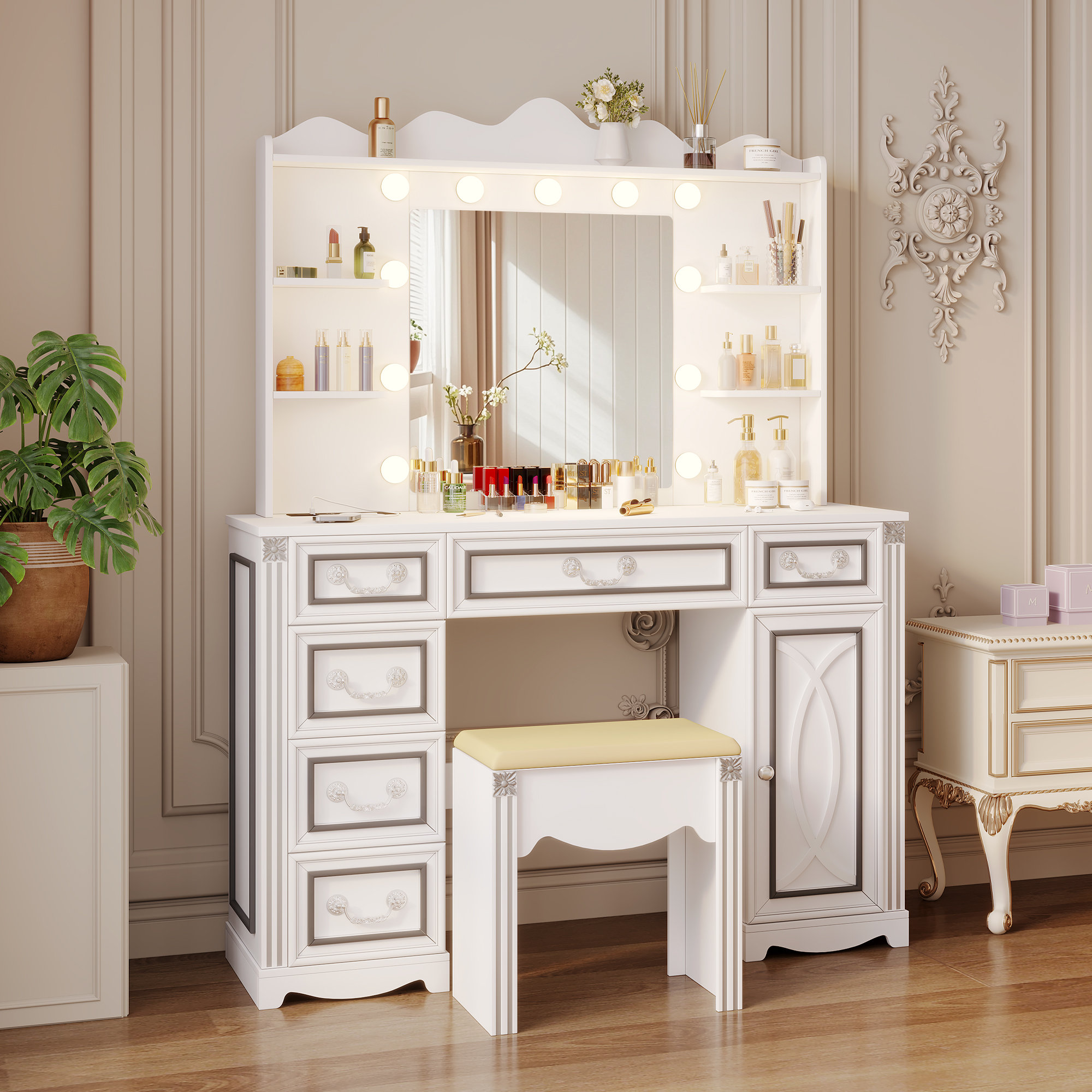 Makeup Vanity with 3-Color Lighting Mirror, Outlets, Stool, Storage Drawers and Cabinet Red Barrel Studio Color: White/Gray, image size:2000x2000