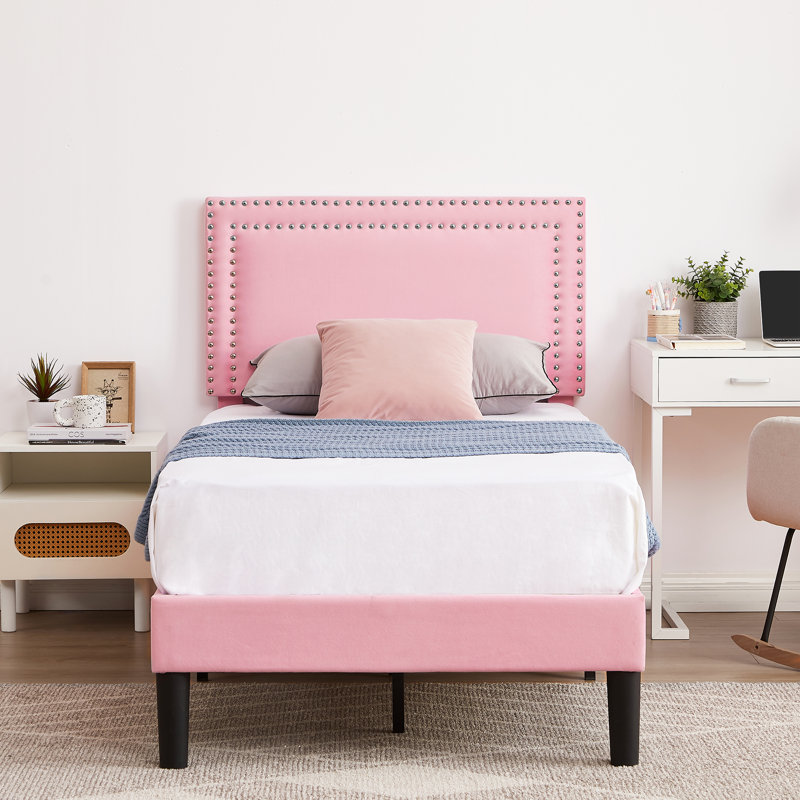 Ensemble de 2 lit plateforme simple tapissier Aldora avec tête de lit ajustable capitonnée, lit simple silencieux avec rangement sous le lit de 8 pouces
