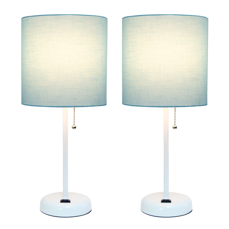 19.5" White Stick Table Lamp Set with Aqua Fabric Shades