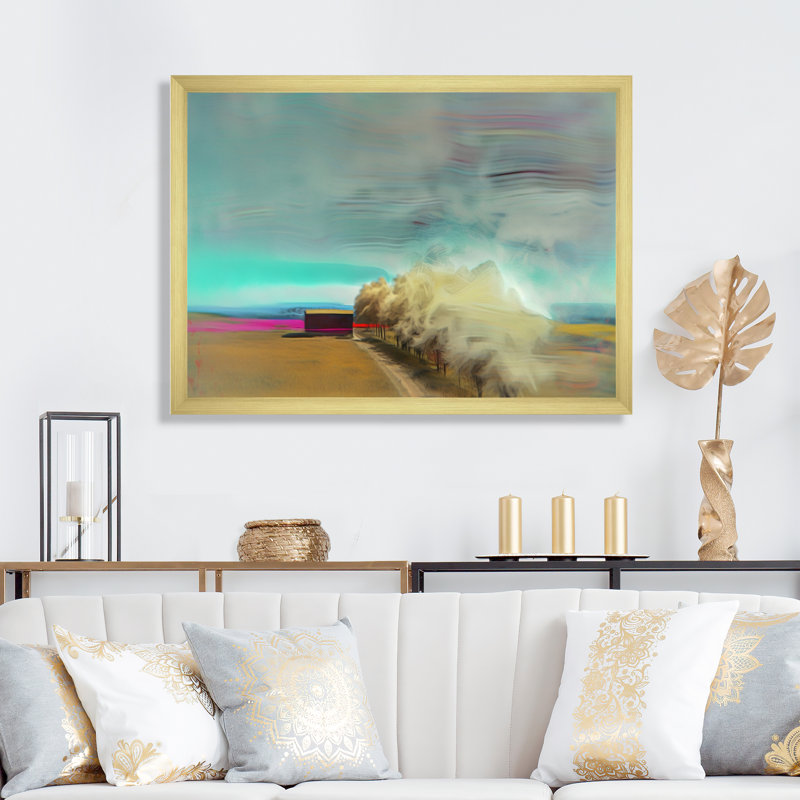 Désert, tempête turquoise, horizon, H 16 po x l 32 po x P 1 po, Encadrement doré