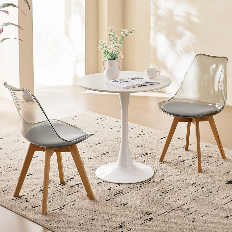 Ensemble de salle à manger moderne 3 pièces, table tulipe ronde blanche 23,6 po avec 2 chaises en acrylique gris clair