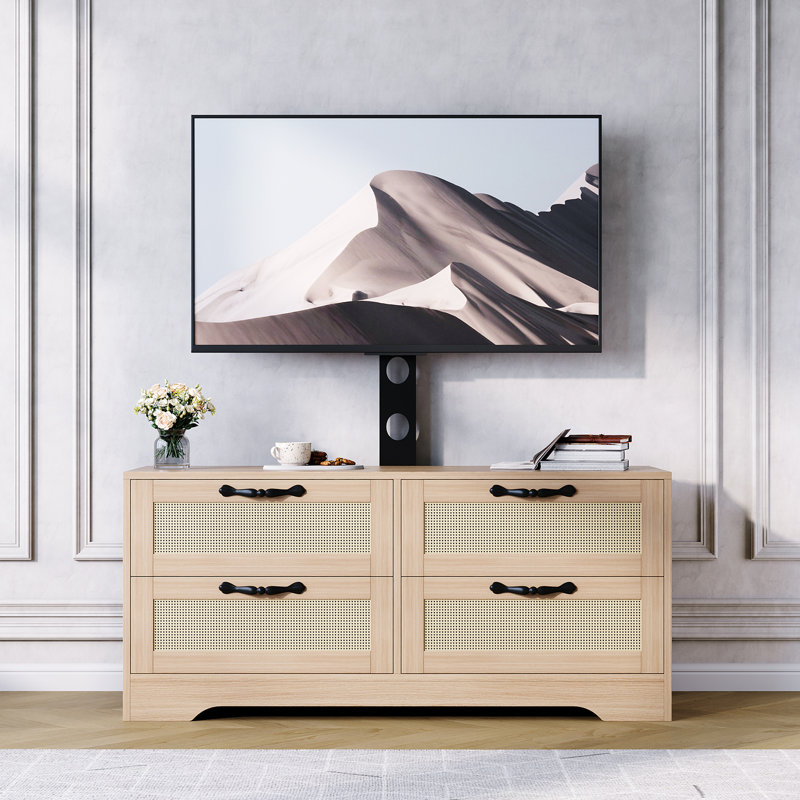 Meuble télé en rotin avec support - Meuble télé 4 tiroirs avec commode pour téléviseur de 70 po ou moins, Bois naturel