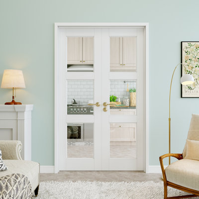 36" x 80" 3-Lite Clear Glass Double Doors, French Doors Slab Replacement, Clear Glass Door Slab, Paintable & Waterproof, Suit for Pantry Door, Laundry Door, Closet Door, Room Door, Home Office Door