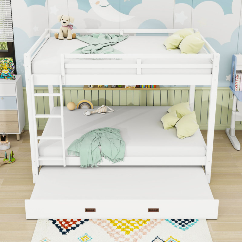 Queen Over Queen Wood Bunk Bed With Ladder And Twin XL Trundle, White