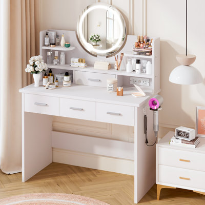 White Makeup Vanity Desk with Round Lighted Mirror