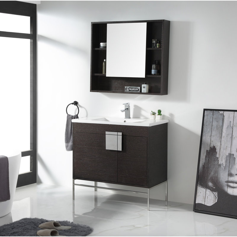 Ensemble de meuble-lavabo simple 36 po Maisie, Chrome poli, Chêne noir à grain droit