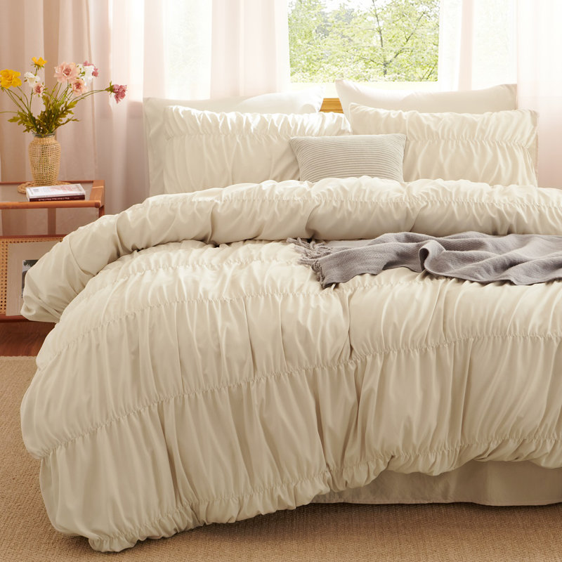 Nayoroom 3 Pieces Ruched Duvet Cover Set Bed Set Boho Bedding Set For Bedroom Soft Fluffy Ruffle Comforter Cover Set With Pillowcases