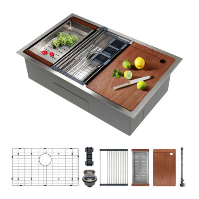 Évier de cuisine encastrable 27 po avec drain silencieux - acier inoxydable de calibre 11, simple cuve - ensemble de poste de travail moderne intégré intégré à la main multifonctionnel