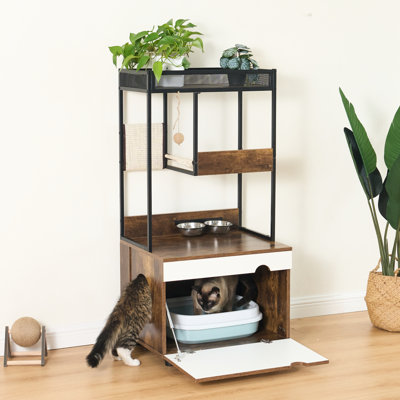 Armoire à chat blanche et rétro avec bac à litière et tour d'arbre pour animaux de compagnie