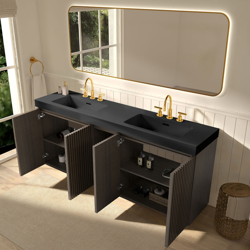 Meuble-lavabo double 72 po avec surface solide, 72", Noir/brun foncé, Espacé