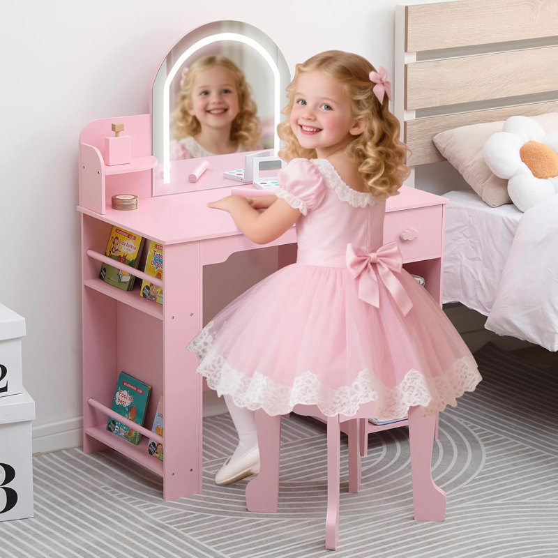 Kids Vanity with Lighted Mirror & Stool. Little Girls Vanity with Adjustable LED Light. Bookshelf. Storage Drawer & Shelves for Girls 3-9.