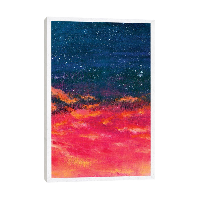 Beautiful Warm Sky Turning into Starry Space - a Beautiful Abstract Space Landscape 1 Piece Painting on Canvas, White Framed