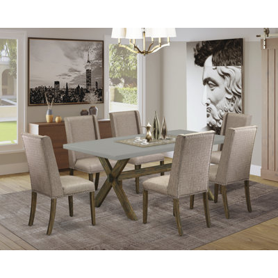 Ensemble de table de salle à manger 7 pièces composé d'une table de cuisine rectangulaire avec pieds en X et 6 chaises rembourrées en tissu kaki foncé, jacobin vieilli