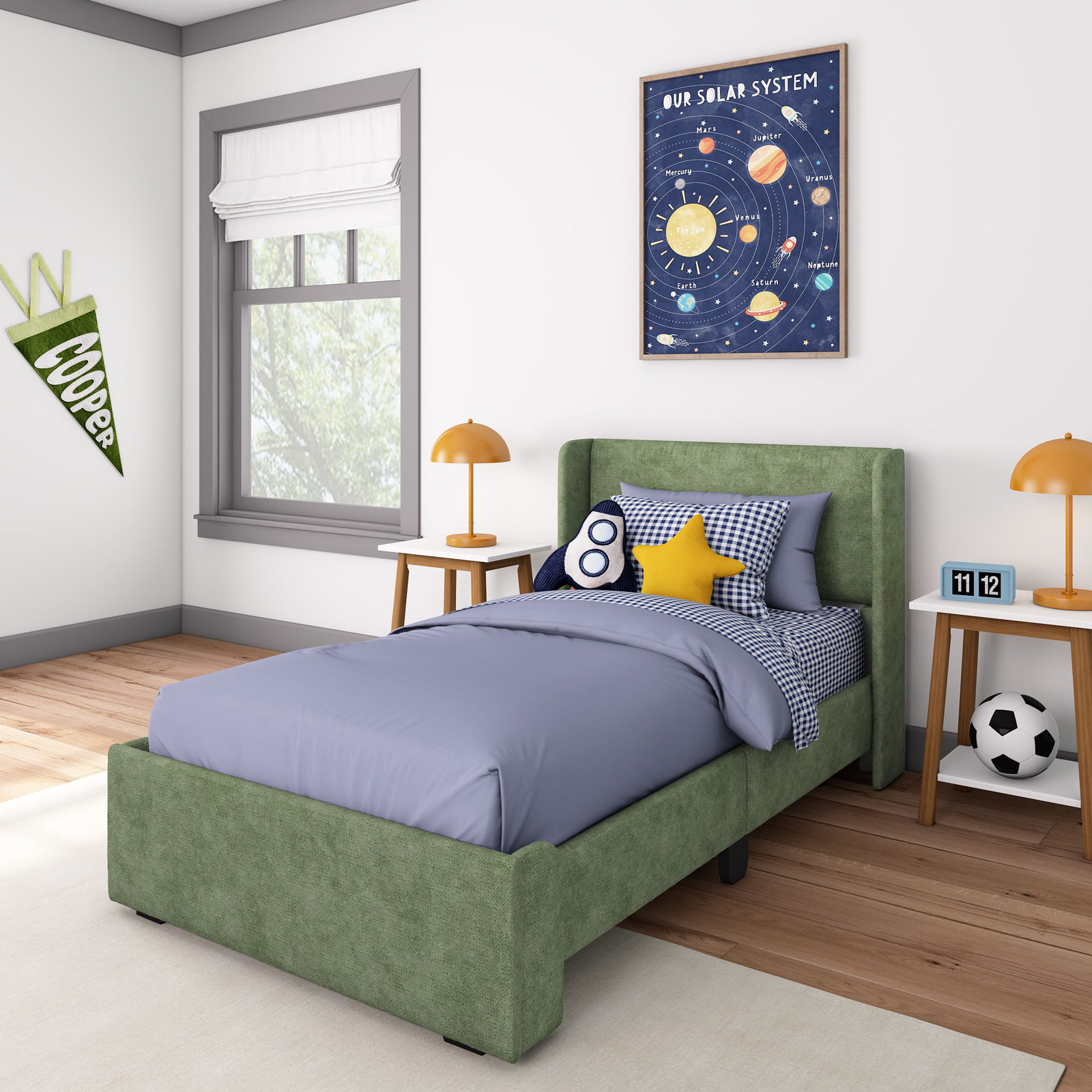 Solid Wood Upholstered Panel Bed with Rectangular Headboard, Twin, Green
