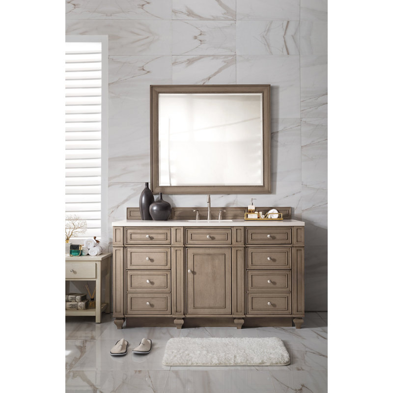 Bristol 60'' W Single Vanity, Whitewashed Walnut, White Zeus, 8" Widespread
