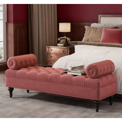Velvet Upholstered Bench with 2 Detachable Pillows