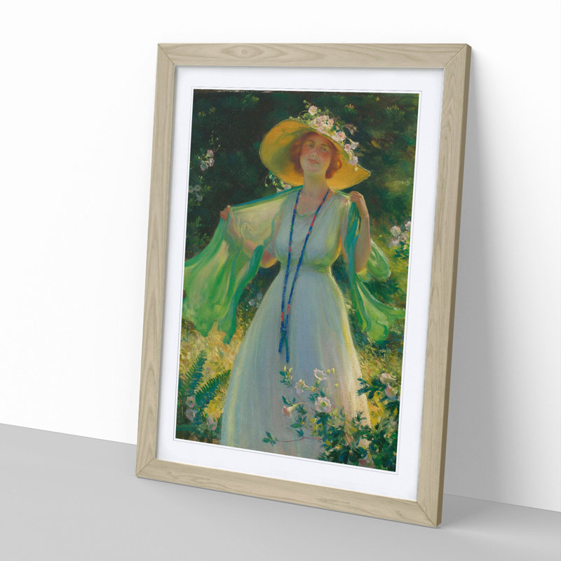 Lady in a Summer Garden by Charles Curran - Picture Frame Painting, 36cm H x 27cm W x 2cm D, Oak Framed