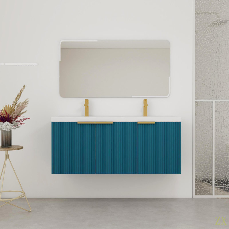 Meuble-lavabo mural 48 po avec lavabo double en résine et 3 portes à fermeture en douceur, emballage KD, Bleu lac