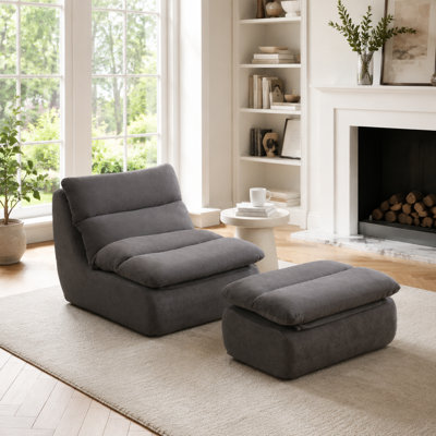 32-Inch Gray Tufted Cotton Bean Bag Chair with Ottoman - Oversized Chaise Lounge for Adults