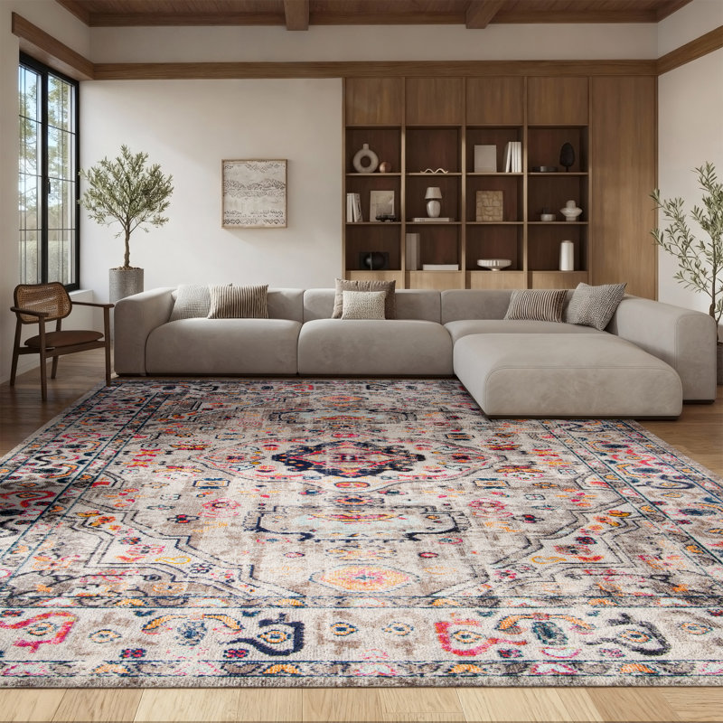 Felty Oriental Gray/Blue/Orange Area Rug, Rectangle 8' x 10'